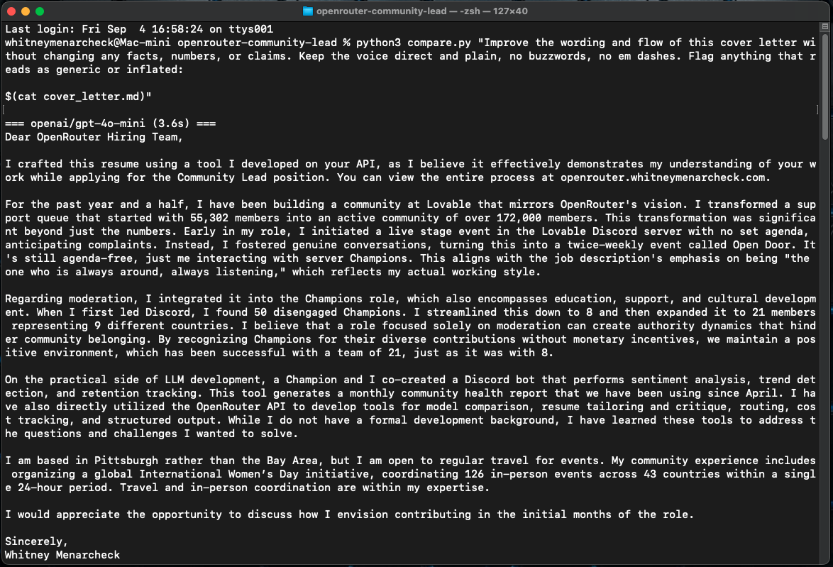 Terminal running compare.py against the near-finished cover letter and showing all four models' wording suggestions