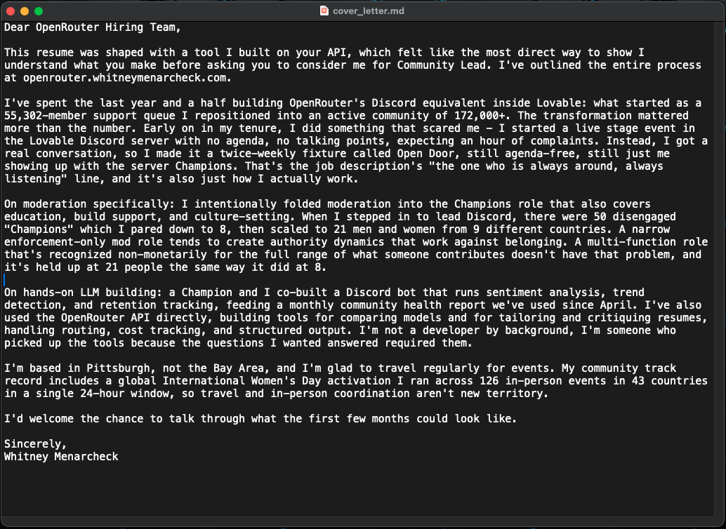 Editor showing cover_letter.md, the cover letter draft written by hand