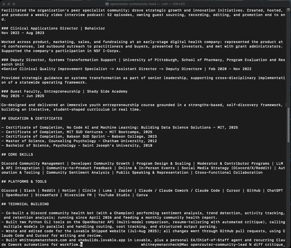 Terminal: skills, platforms, and technical building sections before running the critique diff