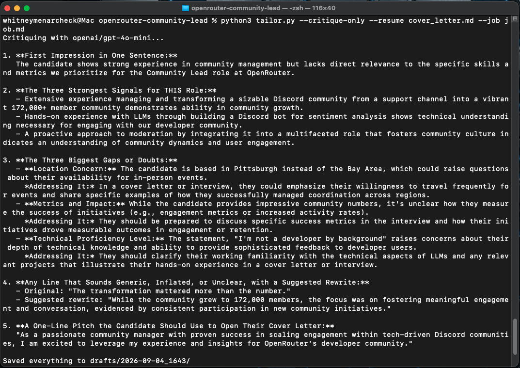 Terminal running tailor.py --critique-only against cover_letter.md, showing the five-point critique output