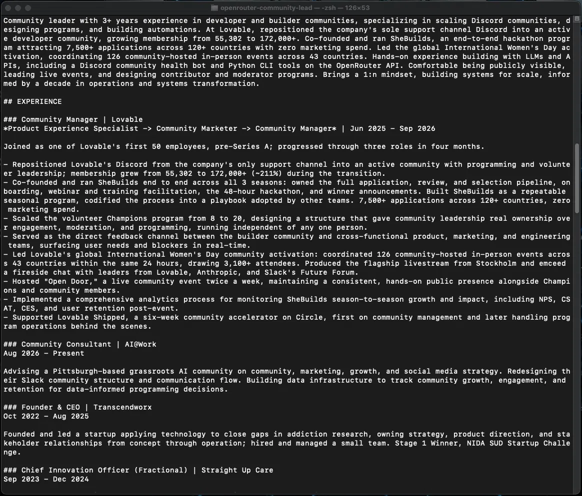 Terminal: the revised resume summary and experience sections