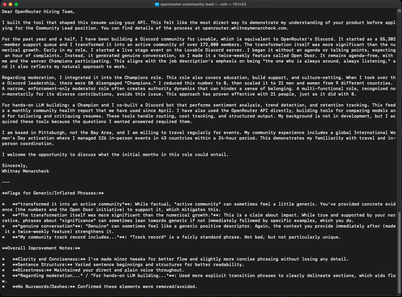 Terminal: a cover letter draft with flagged generic phrases and overall improvement notes