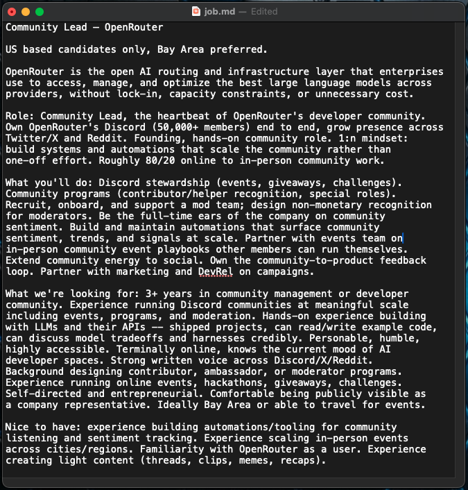 Editor window showing job.md with the OpenRouter Community Lead job description