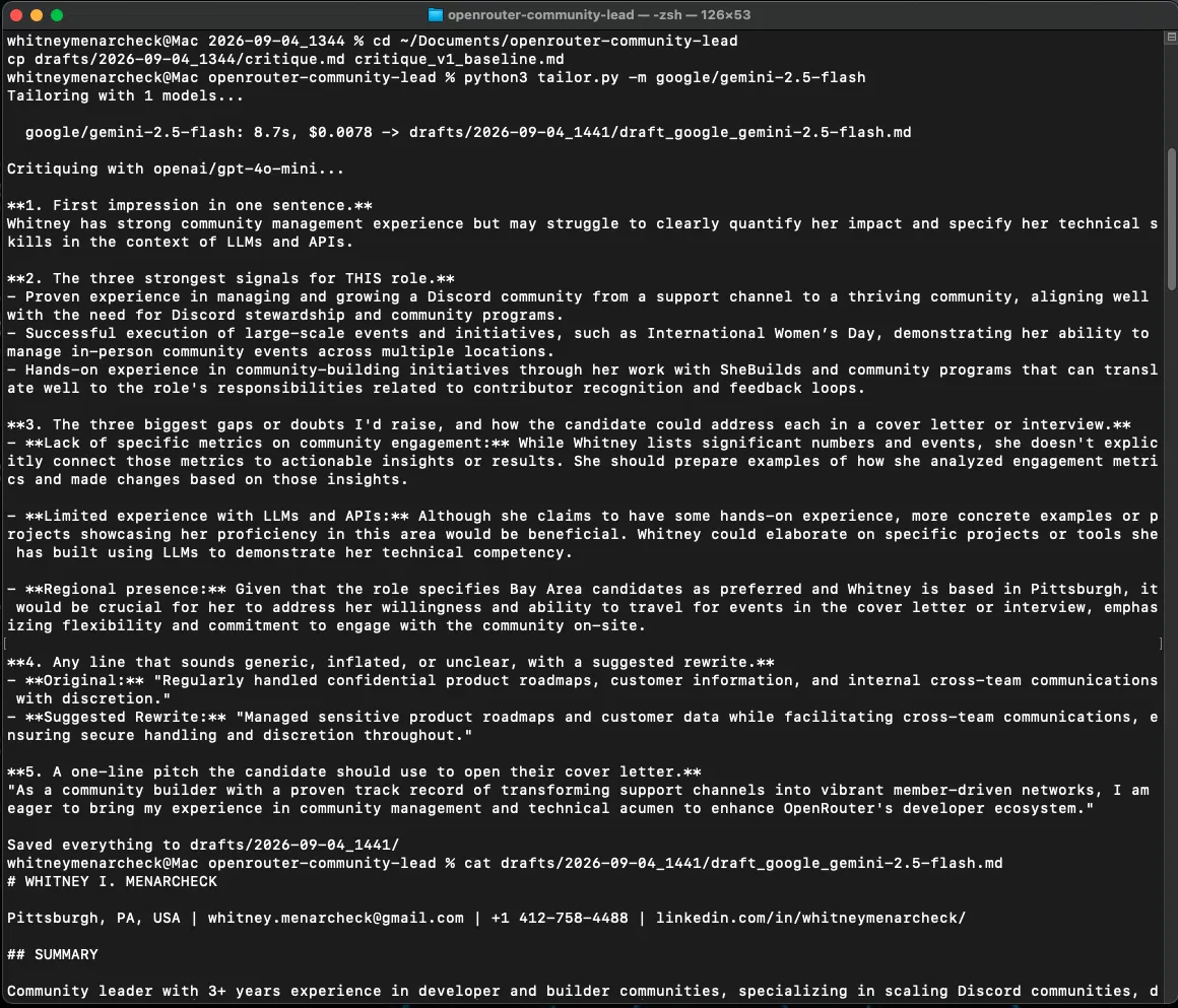Terminal: rerunning tailor.py with Gemini 2.5 Flash and the fresh critique output