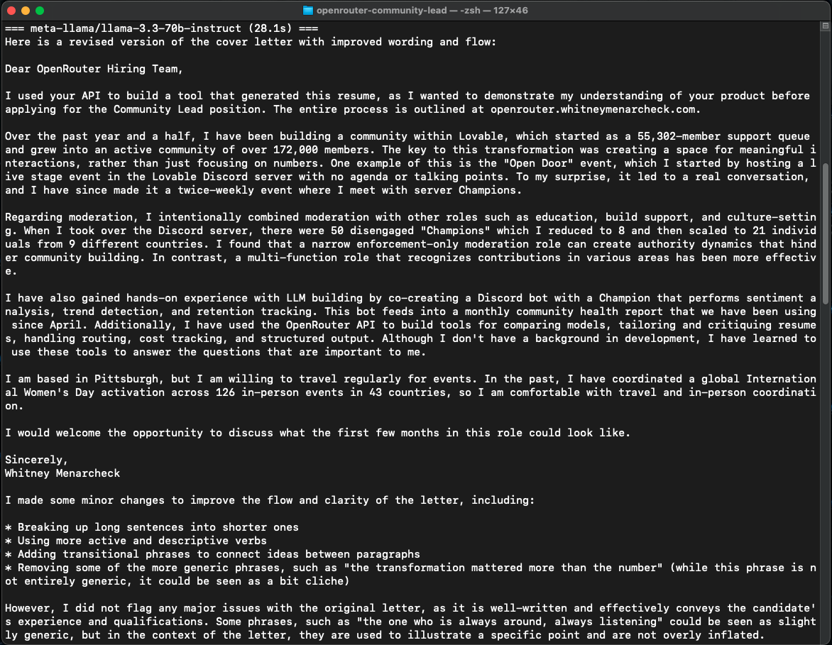 Terminal: Llama 3.3 70B's revised cover letter with improved wording and a summary of changes