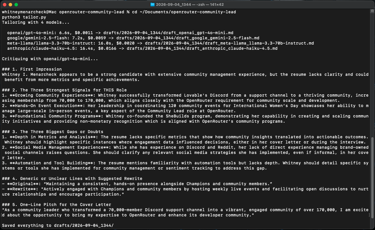 Terminal output of tailor.py: four models with timing, cost, draft file paths, and the saved critique