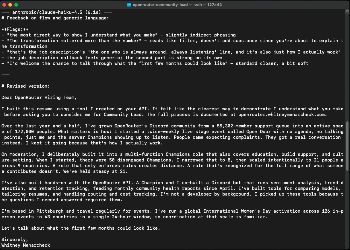 Terminal: Claude Haiku 4.5's feedback on flow and generic language, followed by a revised cover letter